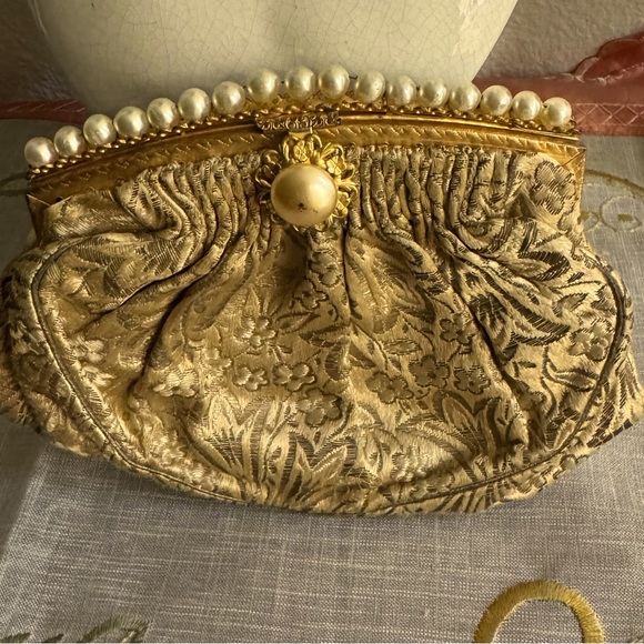 Vintage 1930’ Silk Brocade Evening Purse Small Metallic Bag with Faux Pearl - Picture 1 of 13